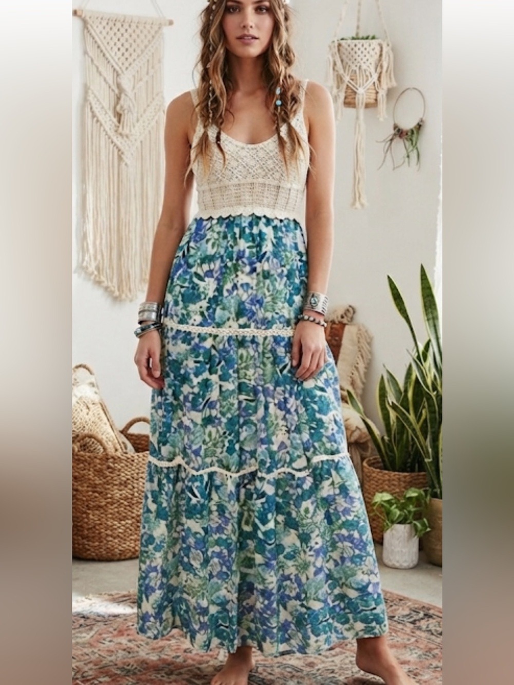 TAYLOR Crochet Bodice Maxi Dress Sz XS Blue Cream Floral pit t pit 15 length 54